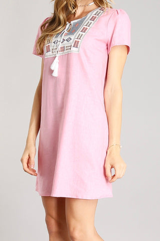 Light Pink Linen Embroidered Shift Dress with Tassel Tie