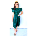 Emerald Green Leather Pleated Midi Skirt & Bow Back Puff Sleeve Top SET