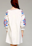 White Smocked Collar Long Sleeve Tunic Dress OR Top with Vibrant Pink & Blue Embroidery & Keyhole Tassel Tie
