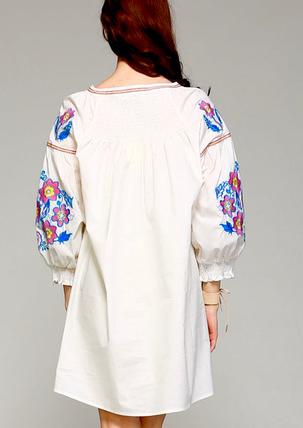 Embroidered lantern sleeve 2024 tassel tie smock dress