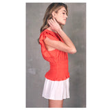 Deep Coral Pleated Ruffle Sleeve Top with Smocked Waist & Keyhole Back