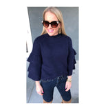 Navy Blue 3/4 Sleeve Sweater with Contrasted Tiered Ribbed Ruffle Sleeves