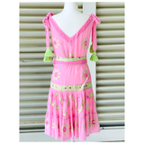 Pranella Pink & Green Embroidered Arri Dress with Optional Belt & Mirror Accents