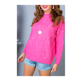 Electric Pink Knit Mock Neck Sweater with Cable & Swirl Design