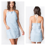 Chambray Rope Dress with Grommets, Open Back, Pockets & Distressed Hem