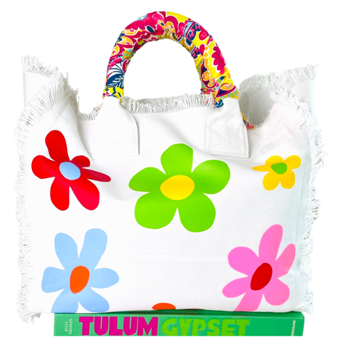 Handmade White Canvas Flower Travel Tote with Bandana Wrapped Handles