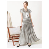 Metallic Silver with Olive Hue Smocked Waist Pleated Flutter Sleeve Maxi Dress with Optional Tassel Tie