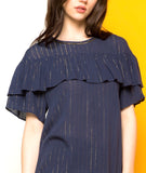 Navy & Metallic Gold Pinstripe Short Sleeve Top with Ruffle Bust & Keyhole Back
