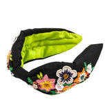 Black & Lime Contrast Beaded Flower Top Knot Headband