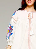 White Smocked Collar Long Sleeve Tunic Dress OR Top with Vibrant Pink & Blue Embroidery & Keyhole Tassel Tie