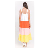 White Tangerine & Yellow Color Block Maxi Dress with Tiered Ruffle Hem & POCKETS