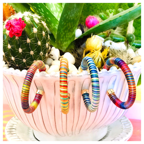 Rainbow & Gold Thread Wrapped 1.75” Hoops in 4 Colors