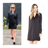 Black V-Neck Structured Satin Shirtdress with Button Cuffed Sleeves