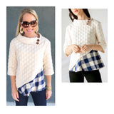 Ivory Bubble Knit Mock Neck Top with Asymmetrical Buffalo Check Contrast