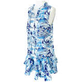 Blue & White Ruffle Trim Toile Print Hallie Dress