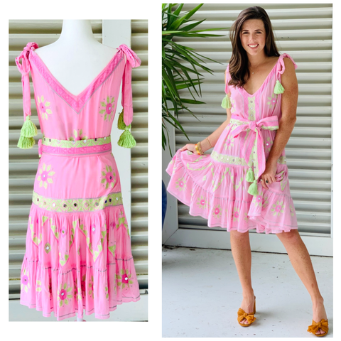 Pranella Pink & Green Embroidered Arri Dress with Optional Belt & Mirror Accents