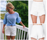 Off White Twill Side Zip Shorts with Subtle Distressed Flutter Hem