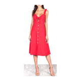 Poppy Red A-Line Midi Dress with Ruched Ruffle Straps & Self Tie Bust + Button Detail