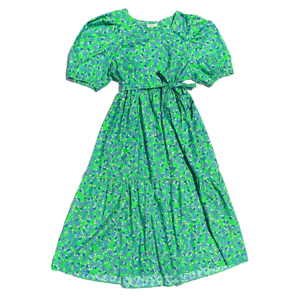 Green & Blue Micro Floral Puff Sleeve Simmons Dress - James Ascher