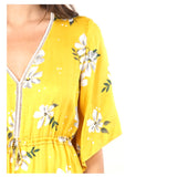 Lemon Yellow Floral Print Tie Waist Ruffle Hem Silky Midi Dress with Lattice Detail