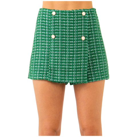 Emerald & METALLIC Silver TWEED Helen Shorts with Placket Front