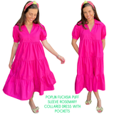 Poplin Fuchsia Puff Sleeve Rosemary Collared Dress with Pockets