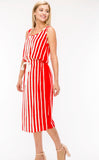 Red Ivory Stripe Sleeveless Midi Dress with Waist Tie