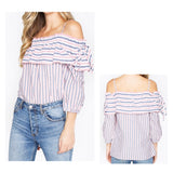 Coral Blue Stripe Cold Shoulder Ruffle 3/4 Sleeve Top