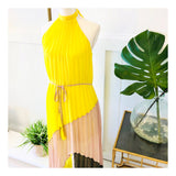 Lemon Yellow Olive & Nude Pleated Halter Maxi Dress with Open Back & Tassel Tie Waist