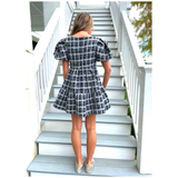 METALLIC Silver & Black Multicolor Puff Sleeve Tweed Yale Dress with POCKETS