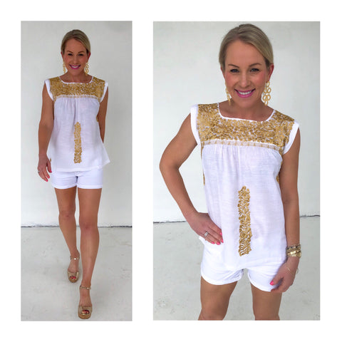 Paper White & METALLIC Gold Embroidered Textile Top