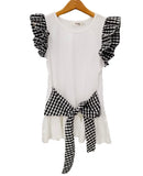 White T-Shirt with Black Gingham Frill Sleeves and Front or Back Tie