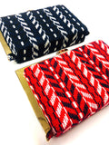 Red or Navy & Gold Textured Aztec Design Bags with Detachable Gold Chain