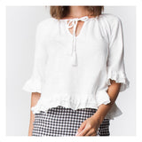 White Ruffle Knit 1/2 Sleeve Top with Tassel Tie