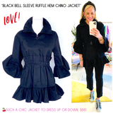 Black Bell Sleeve Ruffle Trim Chino Jacket