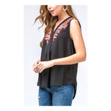 Black Sleeveless High Low Pink & Coral Embroidered Top with Tassel Tie Back
