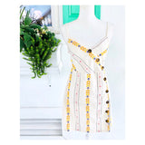 Off White Embroidered Jacquard Asymmetrical Button Down Dress with Smocked Back & Neon Embroidered Flecks
