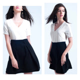 Black & Ivory Short Sleeve A-Line Dress with Pleated Front Skirt