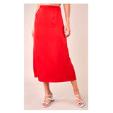Bright Red Satin Sheen A-Line Side Zip Midi Skirt with Banded Waist