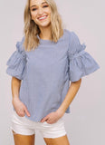 Blue Pinstripe Bell Sleeve Top with Ruffle Detail