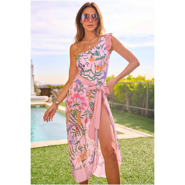 Pink Floral One Shoulder Ruby Swimsuit & Pareo - James Ascher