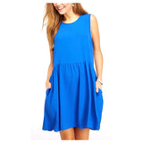 Bright Royal Blue Sleeveless Babydoll Dress with POCKETS & Keyhole Back