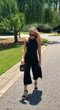Black Cropped Halter Jumpsuit with Very Subtle Lace Fringe Hem & Bow Keyhole Back (Looks like a dress until you walk!)