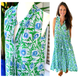 Emerald Isle Block Print Ruffle Neck Maxi Dress