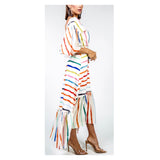 Cream Rainbow Stripe Puff Sleeve Tiered Hem Maxi Dress with Tie Waist