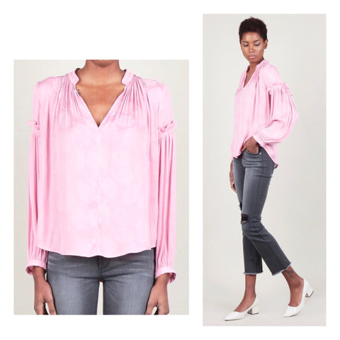 Pink Leaf Print V-Neck Blouse with Pleated Self Tie Sleeves