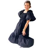 Black or Blue Smocked Sterling Dress with Shirred Ruffle Detail
