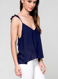 Navy Spaghetti Strap Cami with Ruffle Detail and Tie Back