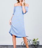 Blue Ivory Stripe On OR Off Shoulder Dress with Ruffle Sleeve