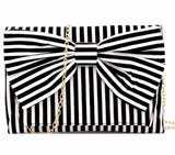 Black White Cabana Stripe Canvas Bow Clutch OR Purse with Gold Chain & Hardware